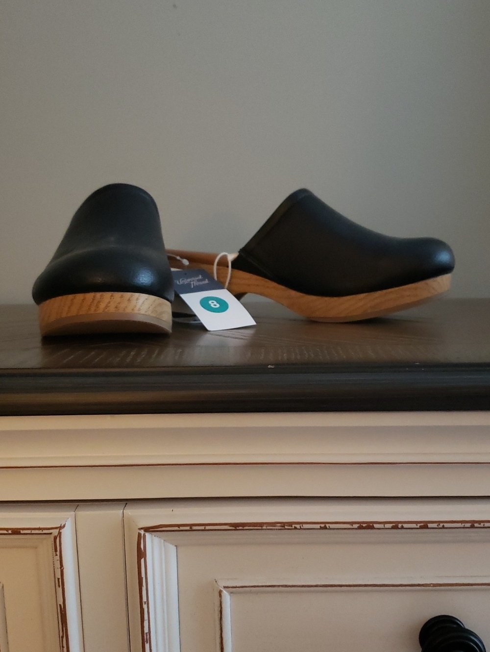 Universal Thread Black Faux Leather Slip-On Clogs with Wood-Look Sole